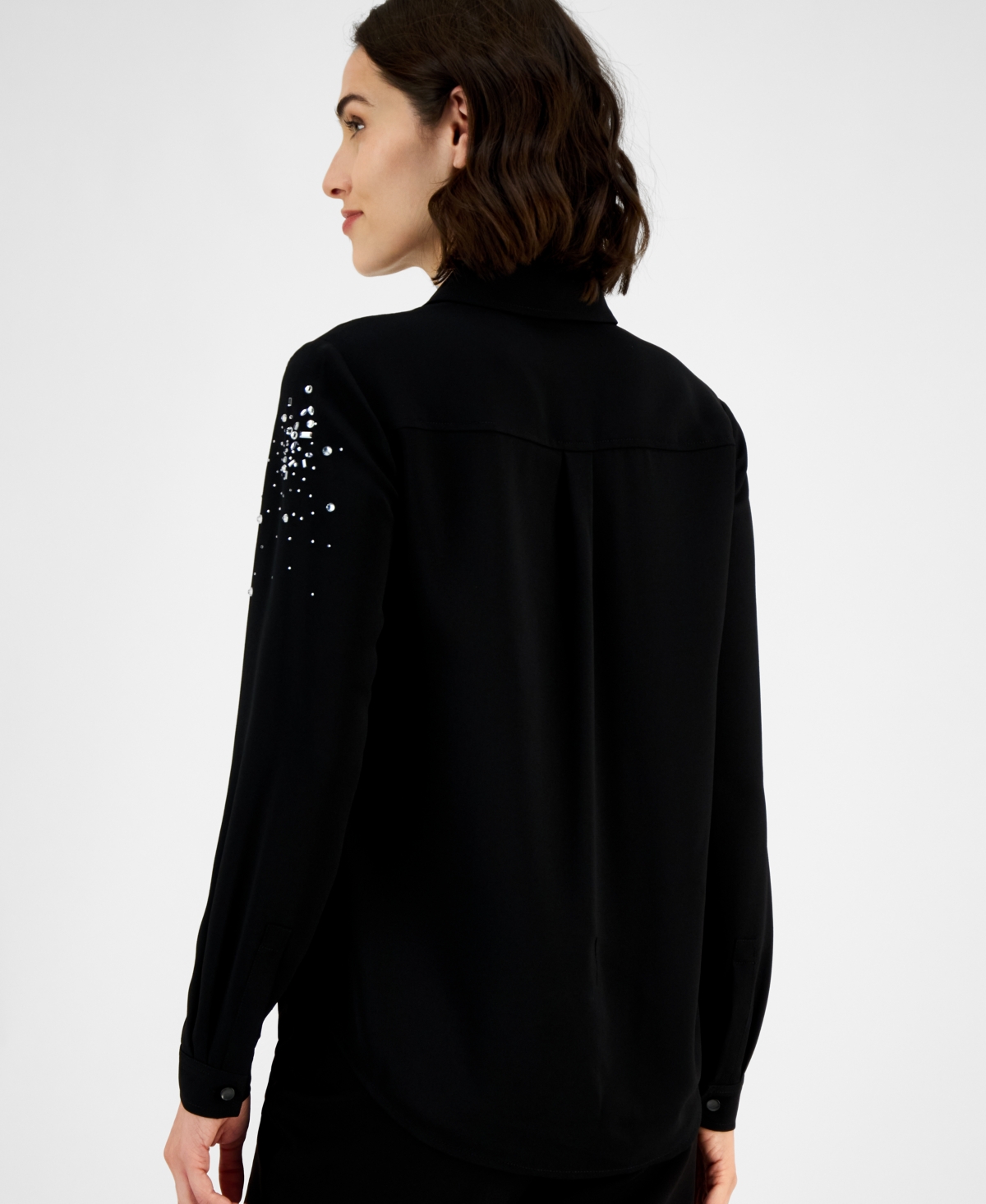 Anne Klein Womens Rhinestone Embellished Shirt P Xxs Xxl In Black