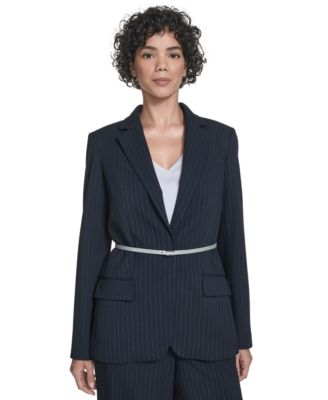 Calvin Klein - Women's Pinstripe Belted One-Button Jacket