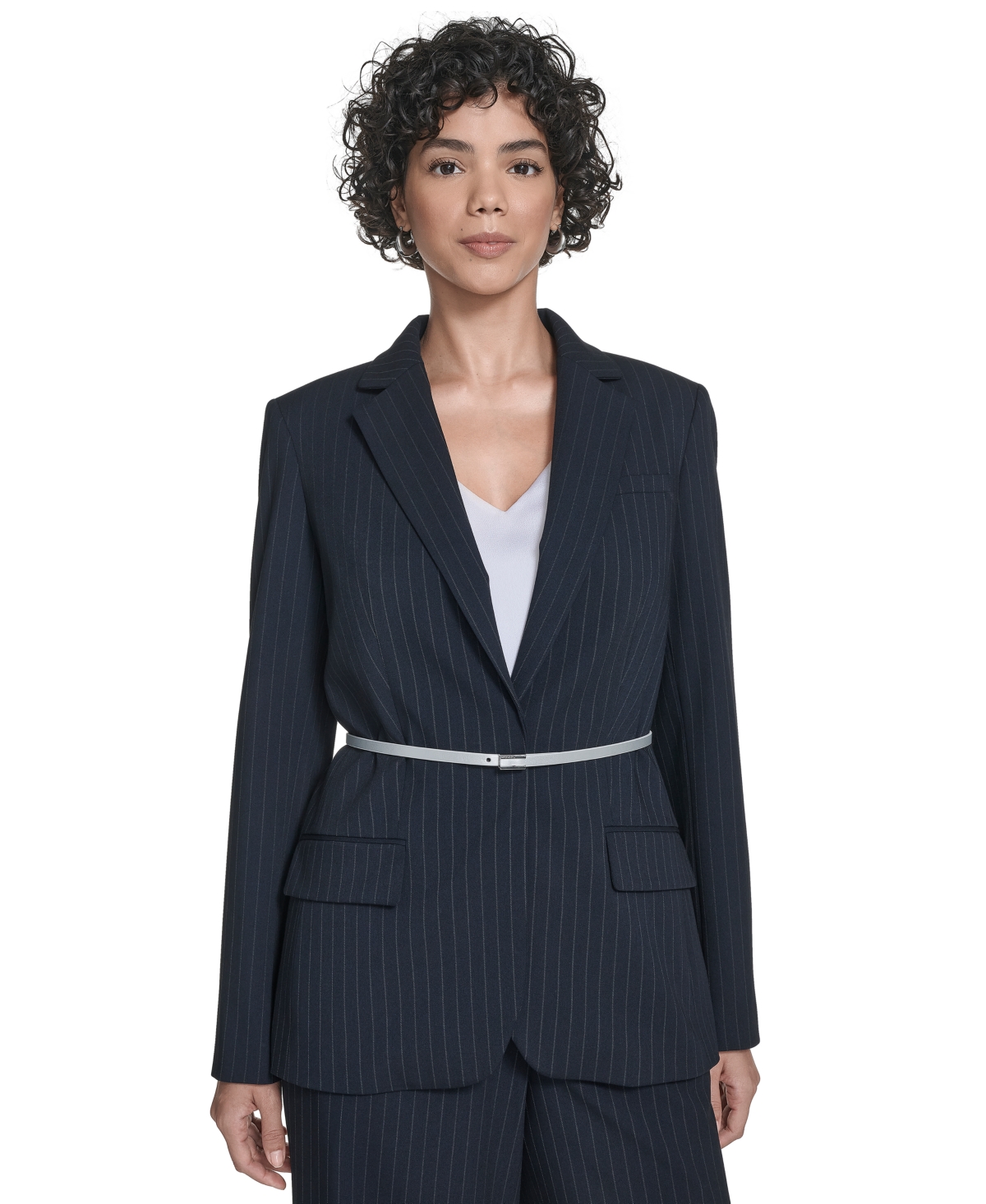 Calvin Klein Women's Pinstripe Belted One-button Jacket In Multi