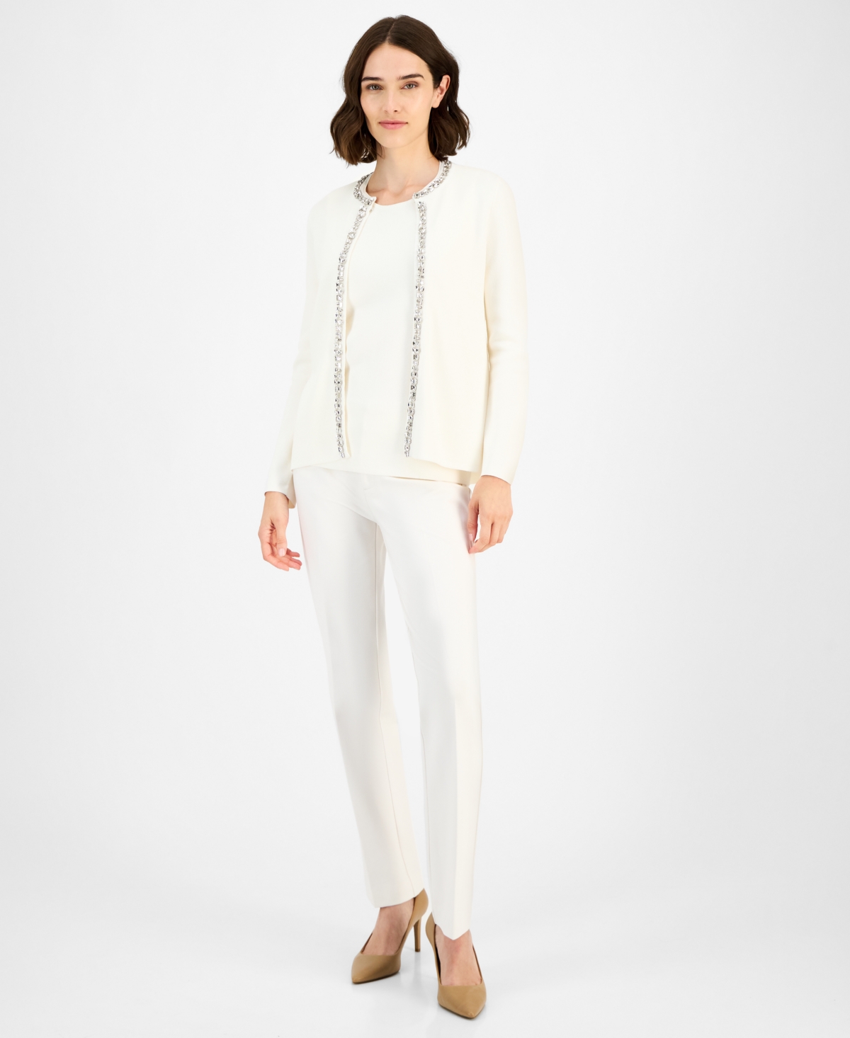 Anne Klein Womens Rhinestone Trim Cardigan Sleeveless Knit Top Bootcut Suit Pants In White