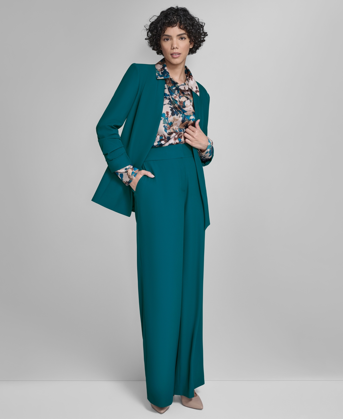 Calvin Klein Women's Heavy Open-front Ruched-sleeve Blazer In Green