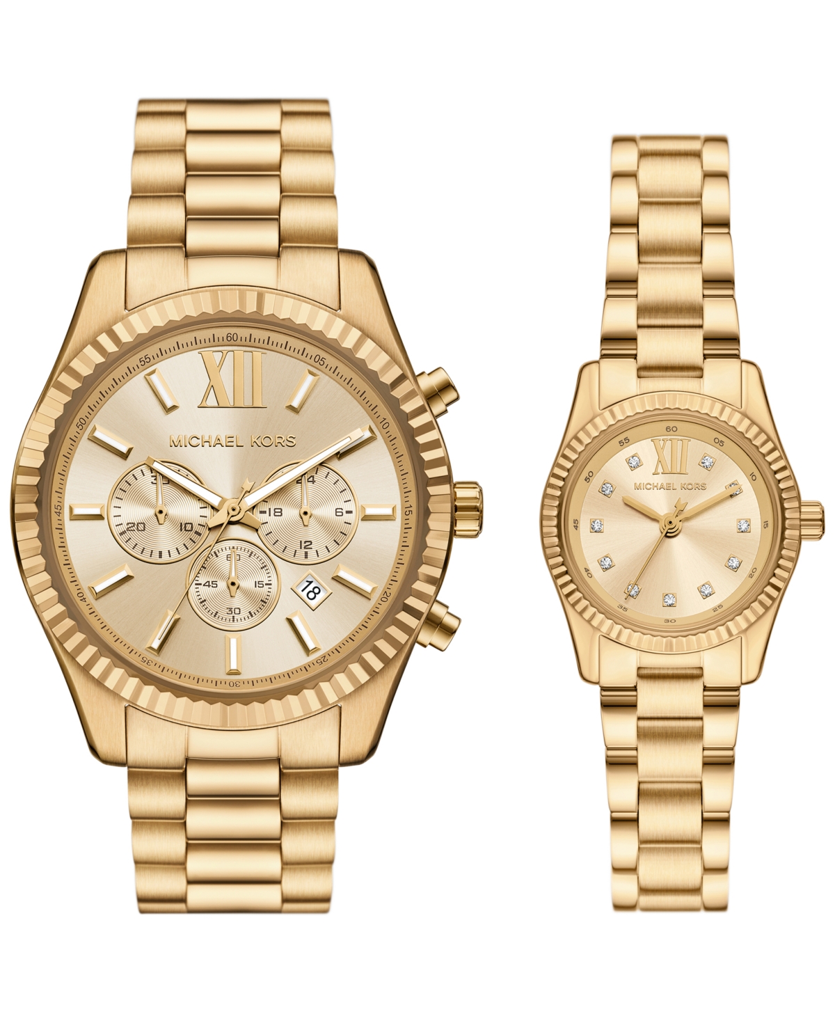 Michael Kors His And Hers Lexington Chronograph And Three-hand Gold-tone Stainless Steel Watch Gift Set, 44mm And In Gold