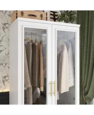 White 2-door 3-drawer wardrobe with tempered glass, bedroom Armoire, wooden Closet