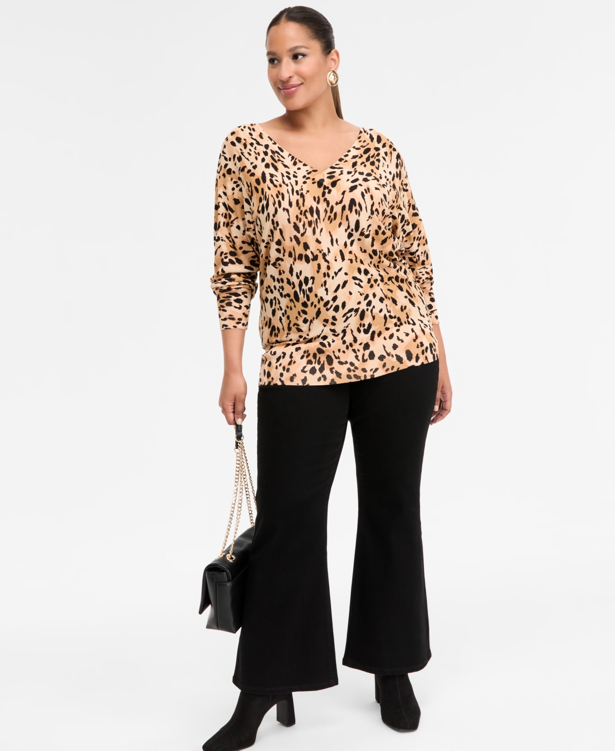 Inc International Concepts Plus Size Animal Print V-neck Sweater, Macy's Exclusive In Animal Print