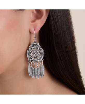 Boho Feather Statement Drop Earrings in Antique Silver