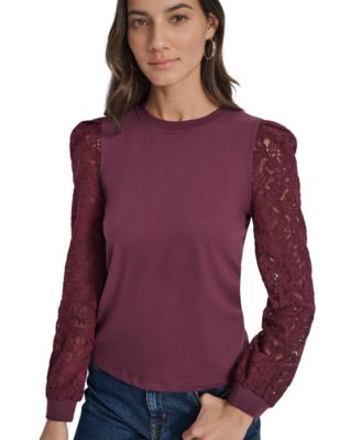 Women's Lace Puff-Sleeve Crewneck Top