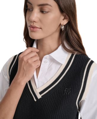 Women's Contrast Trim Cotton V-Neck Sleeveless Sweater