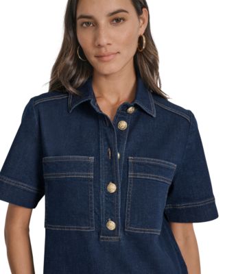 Women's Collared Short-Sleeve Denim Shift Dress