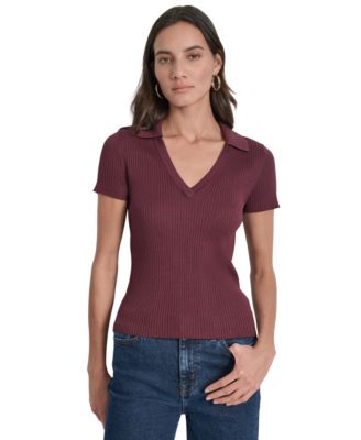 Womens Ribbed V-Neck Polo Sweater