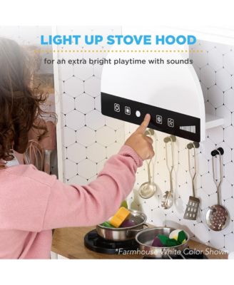 Pretend Play Corner Kitchen, Interactive Wooden Kids Set w/ Lights and Sounds