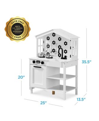 Pretend Play Wooden Farmhouse Kitchen Set w/ Storage, Clicking Knobs, 5 Accessories