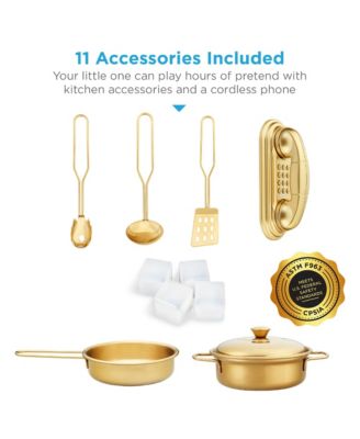 Pretend Play Kitchen Wooden Toy Set for Kids w/ Telephone, Utensils, Oven, Microwave