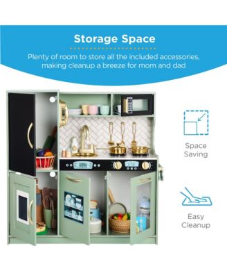 Pretend Play Kitchen Wooden Toy Set for Kids w/ Telephone, Utensils, Oven, Microwave