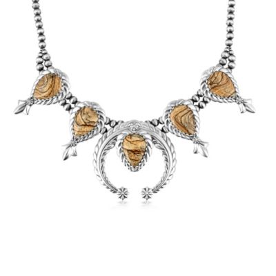 Sterling Silver Picture Jasper Pear-Cut Squash Blossom Necklace, 17 to 20 Inches