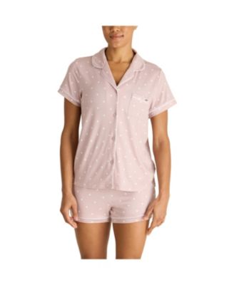 Women's Short Sleeve Notch Collar Top and Shorts 2 Piece Pajama Set