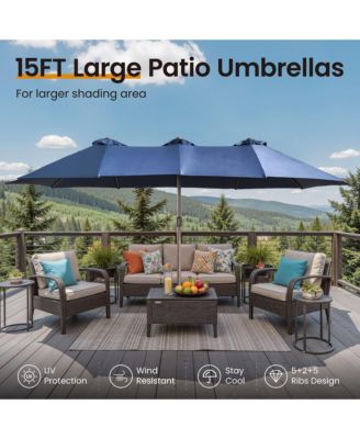 15ft Patio Umbrella with Base,12 Heavy Duty Ribs Large Outdoor Double-Sided Rectangle Umbrella with Crank Handle, Market Umbrella for Backyard
