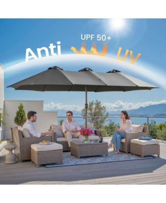 15ft Patio Umbrella with Base,12 Heavy Duty Ribs Large Outdoor Double-Sided Rectangle Umbrella with Crank Handle, Market Umbrella for Backyard