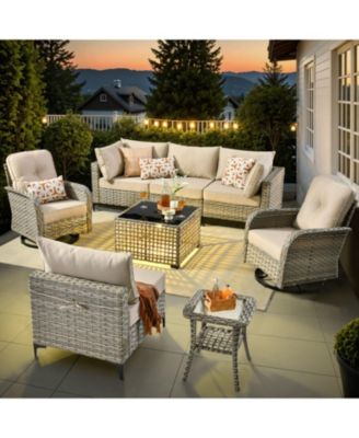 8-Piece Rattan Outdoor Patio Furniture Set with Sectional Sofa, Swivel Chairs, and Solar Coffee Table
