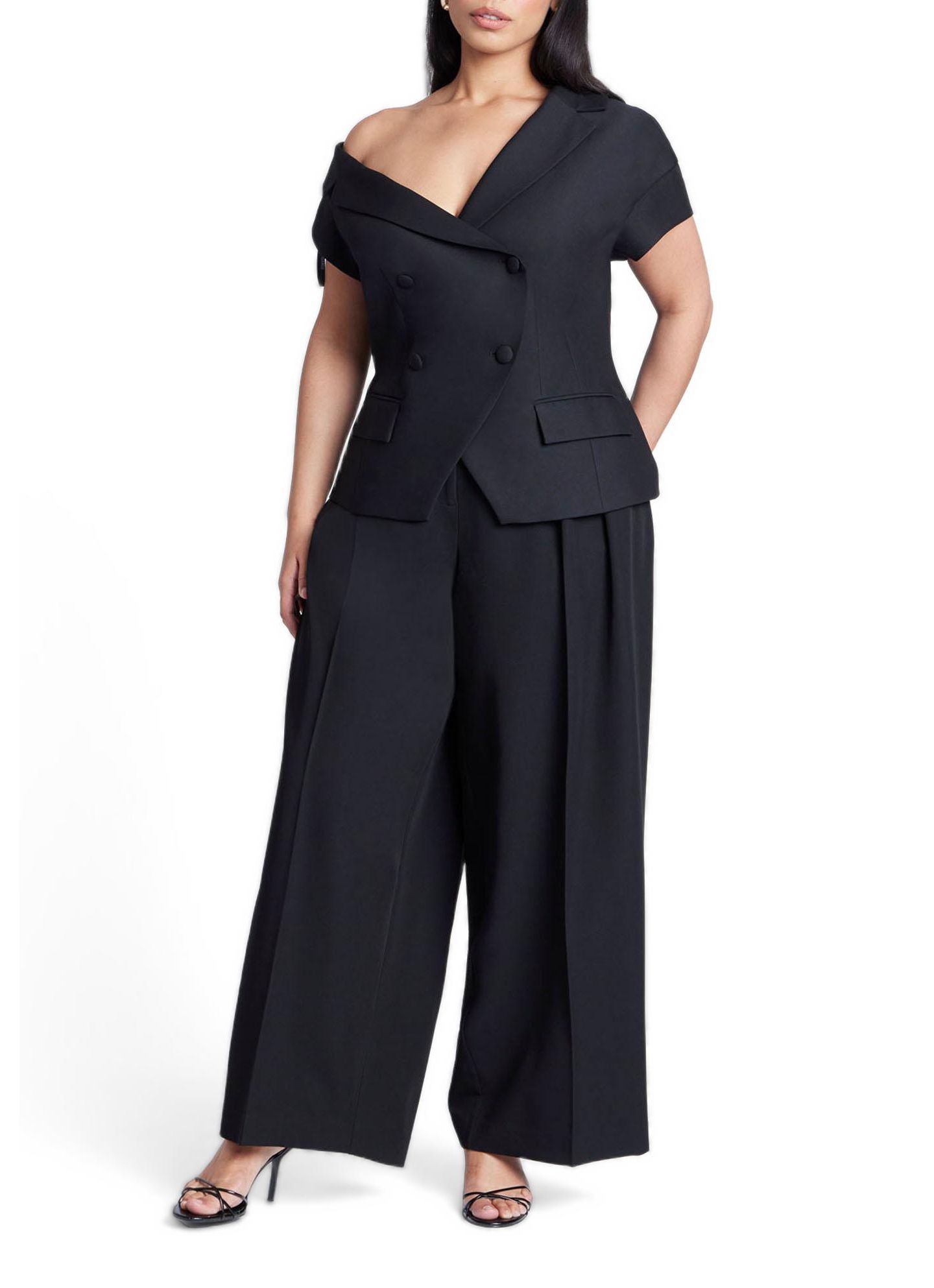 Женский пиджак ELOQUII Asym Neckline Short Sleeve Blazer, цвет: Чёрный оникс — фото 4