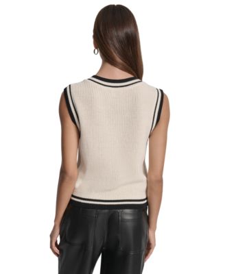 Women's Contrast Trim Cotton V-Neck Sleeveless Sweater