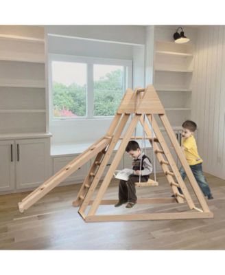 4-in-1 Juniper Indoor Play Gym - Jungle Gym Playset with Baby Swing, Slide, Ladder, and Climbing Wall - Foldable Wooden Playset