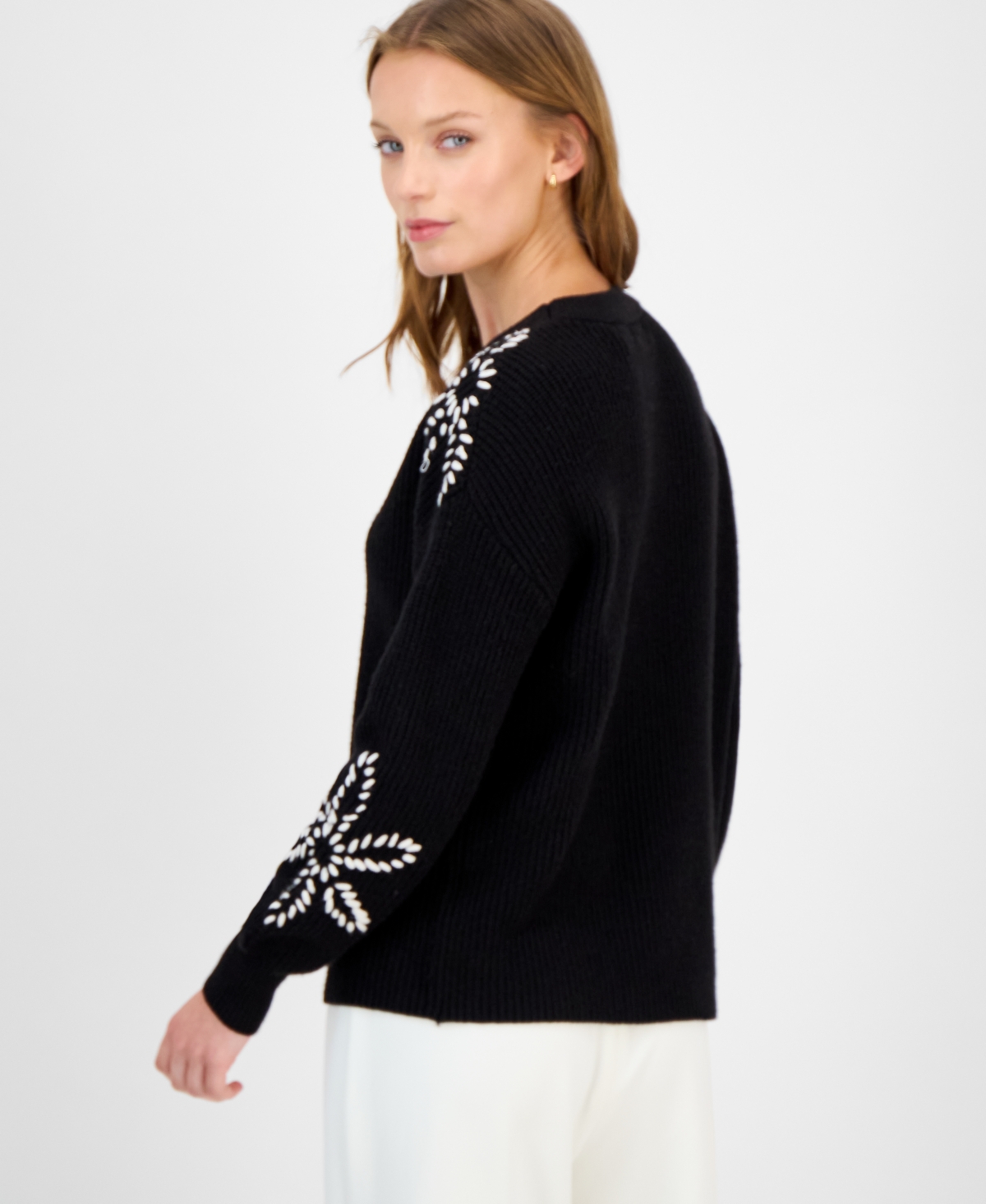 T Tahari Long Sleeve Crewneck Sweater With Floral Embroidery In Multi
