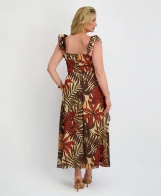 Plus Size Flutter-Sleeve Printed Chiffon Maxi Dress
