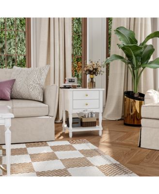 European style luxury white 2-drawer bedside table, bedroom nightstand, wooden end table