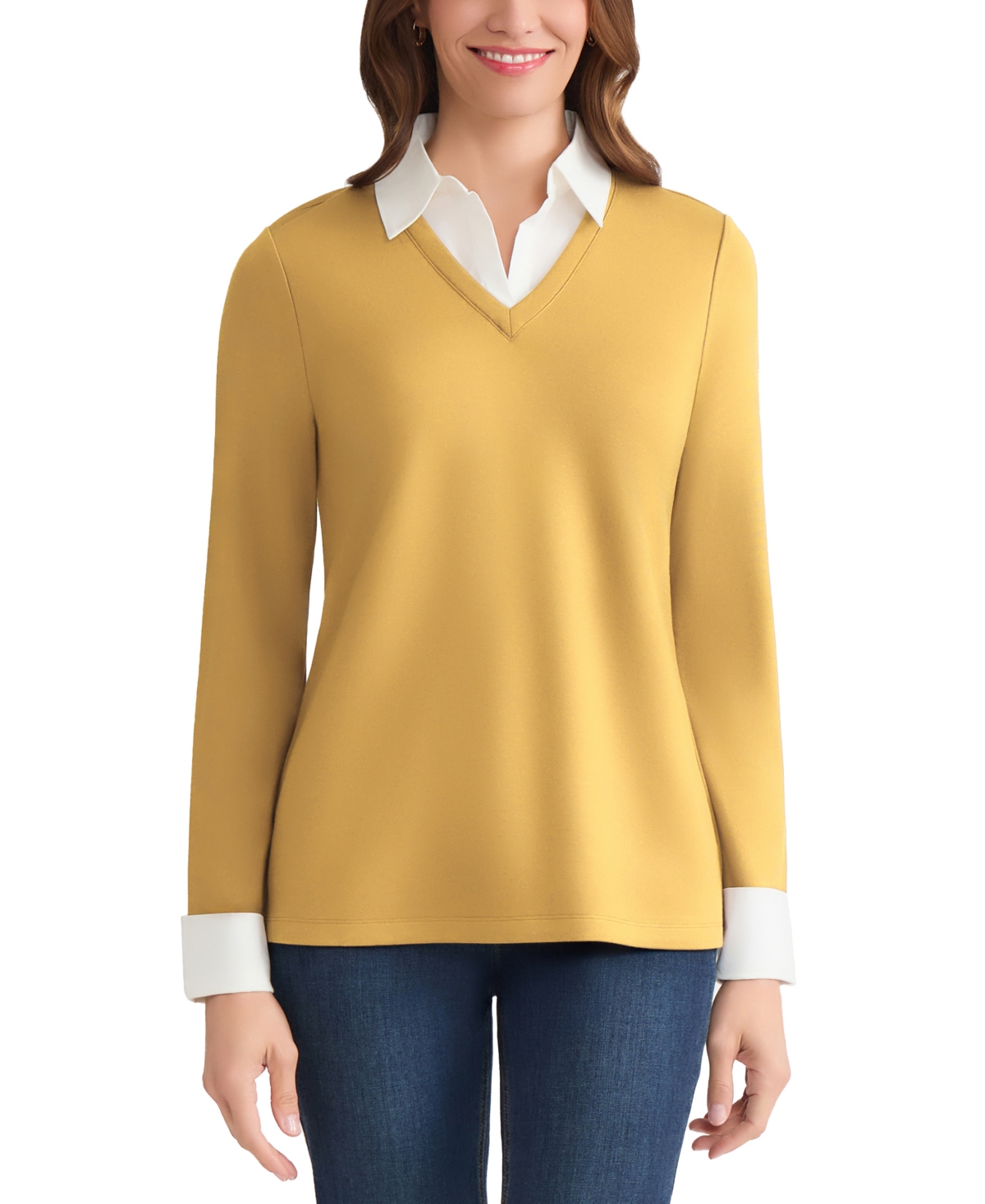 Jones New York Petite V-neck Long-sleeve Two-fer Pullover In Yellow