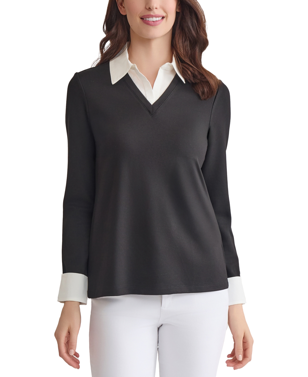 Jones New York Petite V-neck Long-sleeve Two-fer Pullover In Black