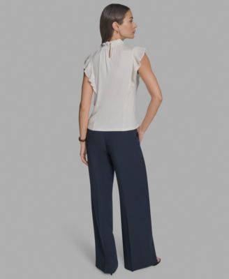 Women's Mock Neck Knit Flutter-Sleeve Top