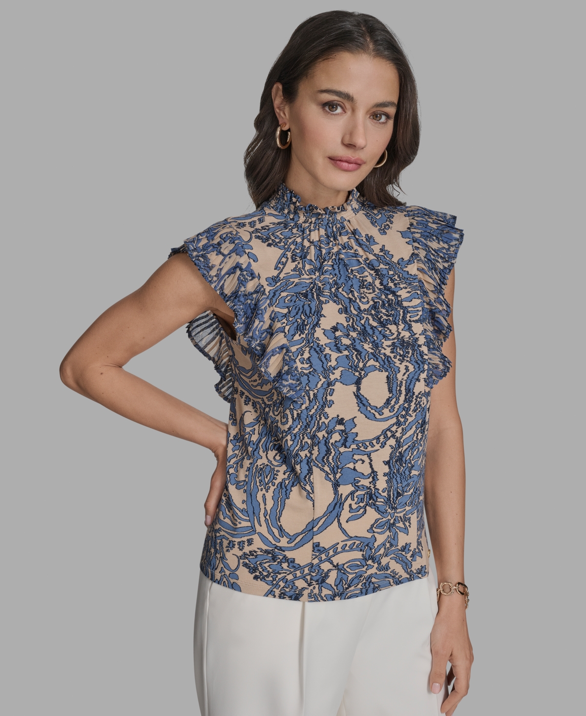 Bcbg Women's Printed Mock Neck Knit Flutter-sleeve Top In Blue