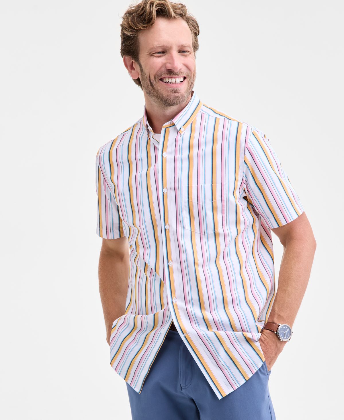 Мужская поплиновая рубашка в полоску Kara с коротким рукавом и пуговицами на пуговицах, эксклюзивная модель Macy's