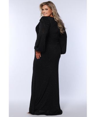 Women's V-Neck Puff Sleeve Long Formal Dress with Slit
