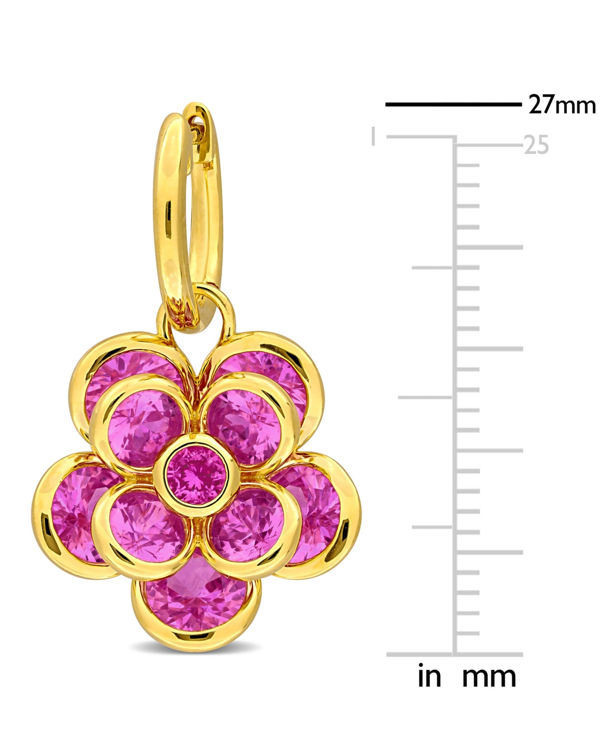 Macy's Lab Created Pink Sapphire Flower Charm Hoop Earrings (7-1/2 Ct. T.w.) In 18k Gold-flash Over Silver In Yellow