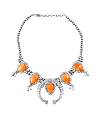 Sterling Silver Orange Spiny Oyster Pear-Cut Squash Blossom Necklace, 17 to 20 Inches