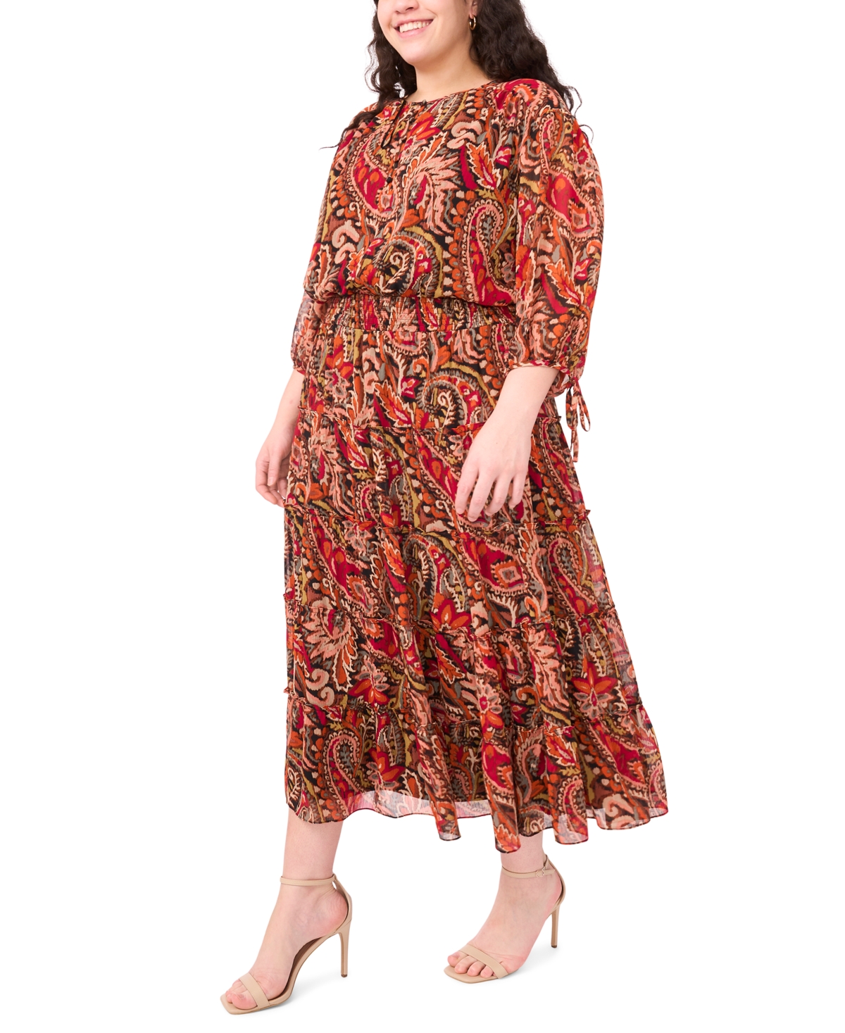 Msk Plus Size 3/4-sleeve Chiffon Midi Dress In Brown
