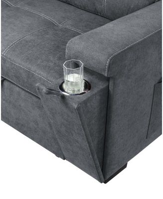 95"W Gray Woven Fabric Reversible Sleeper Sectional Sofa with Storage Chaise Cup Holder Charging Ports and Pockets