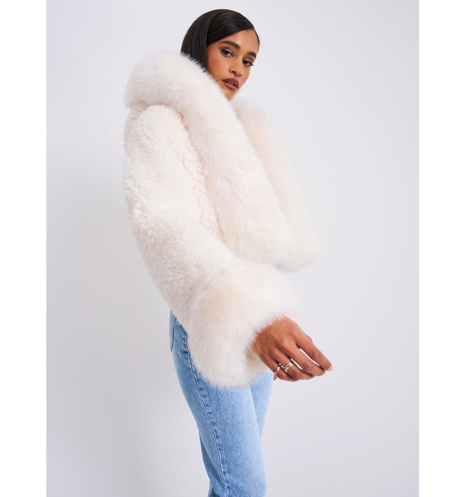 Women's Kali White Cropped Faux Fur Jacket With Hood