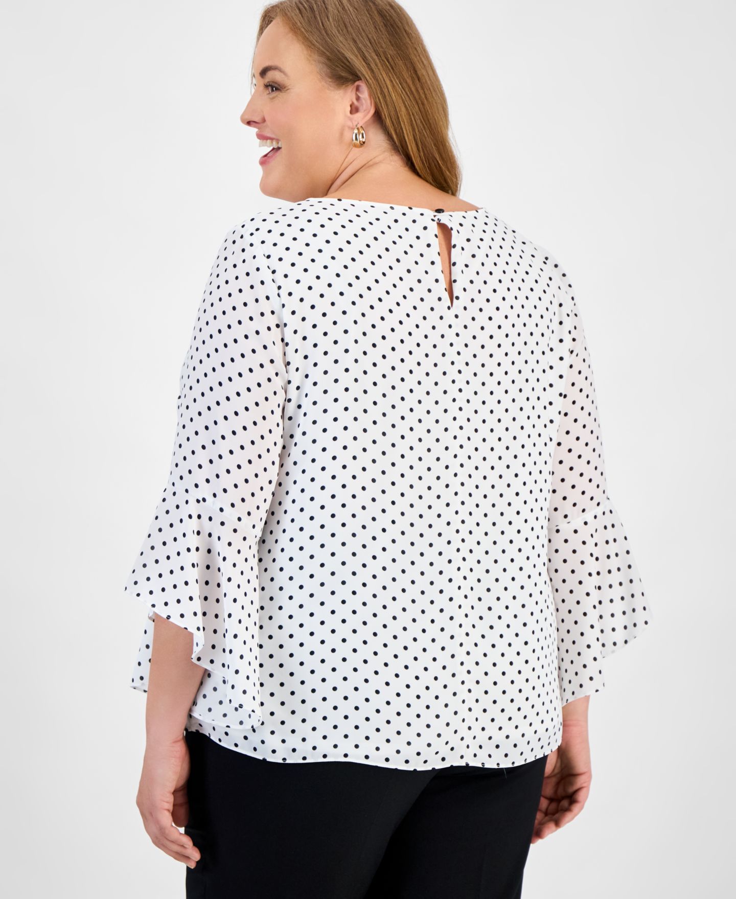 Женская блузка Kasper Plus Size Polka-Dot Ruffle-Sleeve, цвет: Белый / Чёрный — фото 8