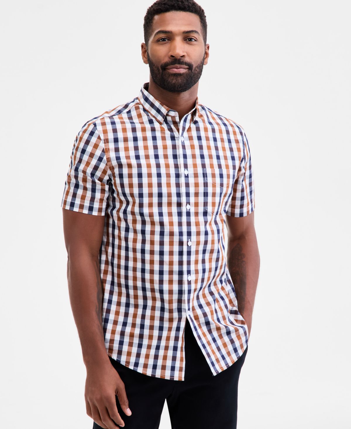 Мужская эластичная рубашка из поплина в клетку обычного покроя на пуговицах, эксклюзивная модель Macy's