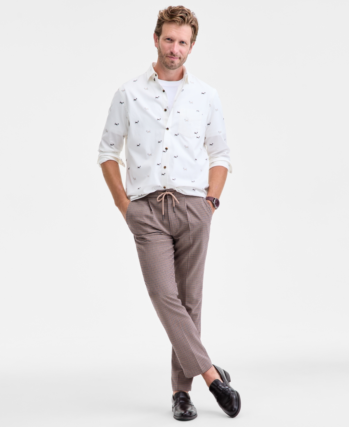 Club Room Men's Basset Hound Print Brushed Cotton Button-down Shirt, Macy's Exclusive In White