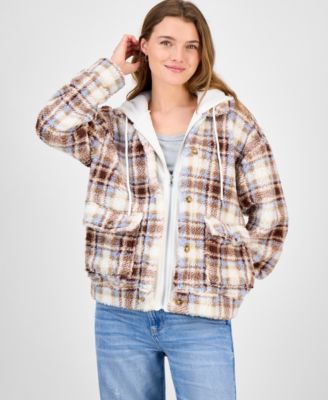 Juniors' Plaid Sherpa Hoodie Shacket