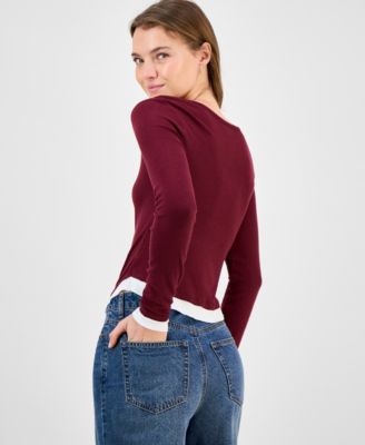 Juniors' Ribbed Layered-Look Long-Sleeve with Rosette