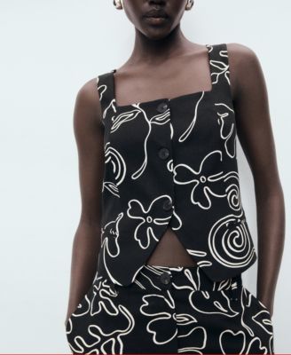 Women's Floral-Print Linen Suit Vest