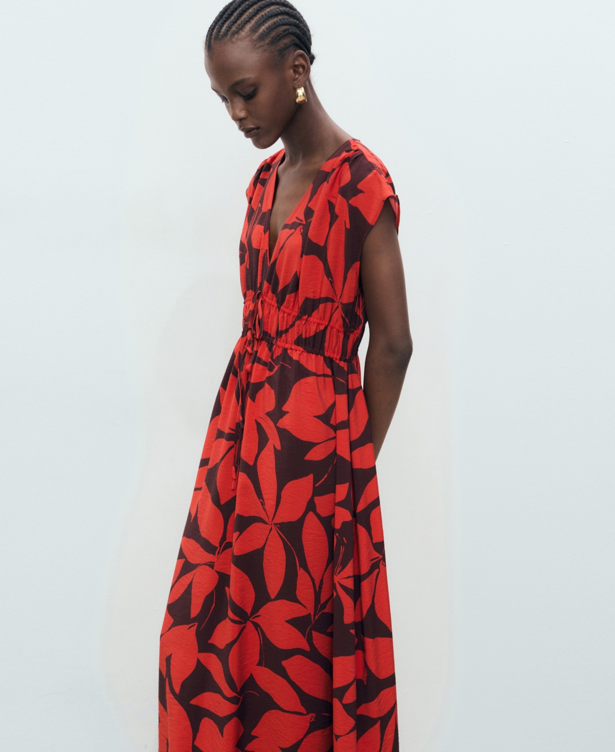 Mango Print Tie Waist Dress In Red