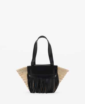 MANGO - Women's Leather Fringes Natural Fiber Handbag