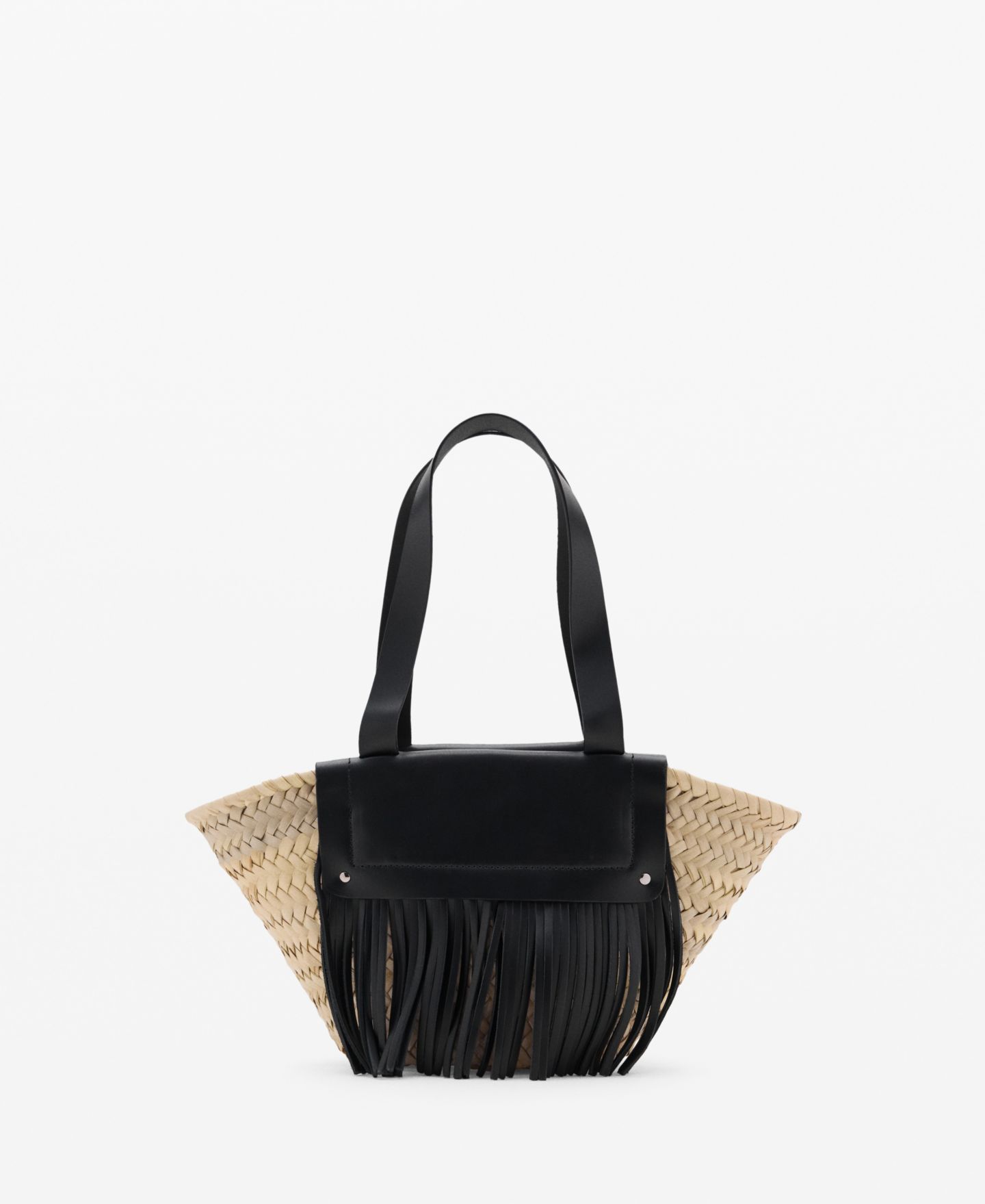 Женская сумка MANGO Leather Fringes Natural Fiber Handbag, цвет: Чёрный — фото 1