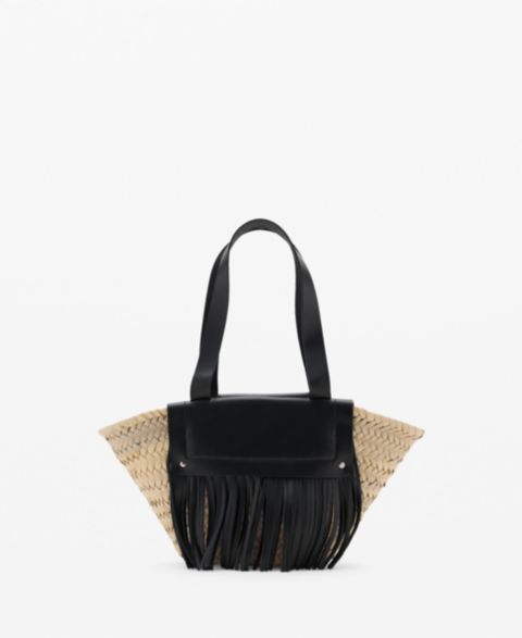 Женская сумка MANGO Leather Fringes Natural Fiber Handbag, цвет: Чёрный