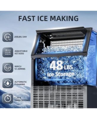  Commercial Ice Maker,200LBS/24H, Automatic Stainless Steel Machine with LCD Panel,Freestanding with 48 Pounds Storage Capacity, Party/Bar/Restaurant Scoop Connection Hose Silver